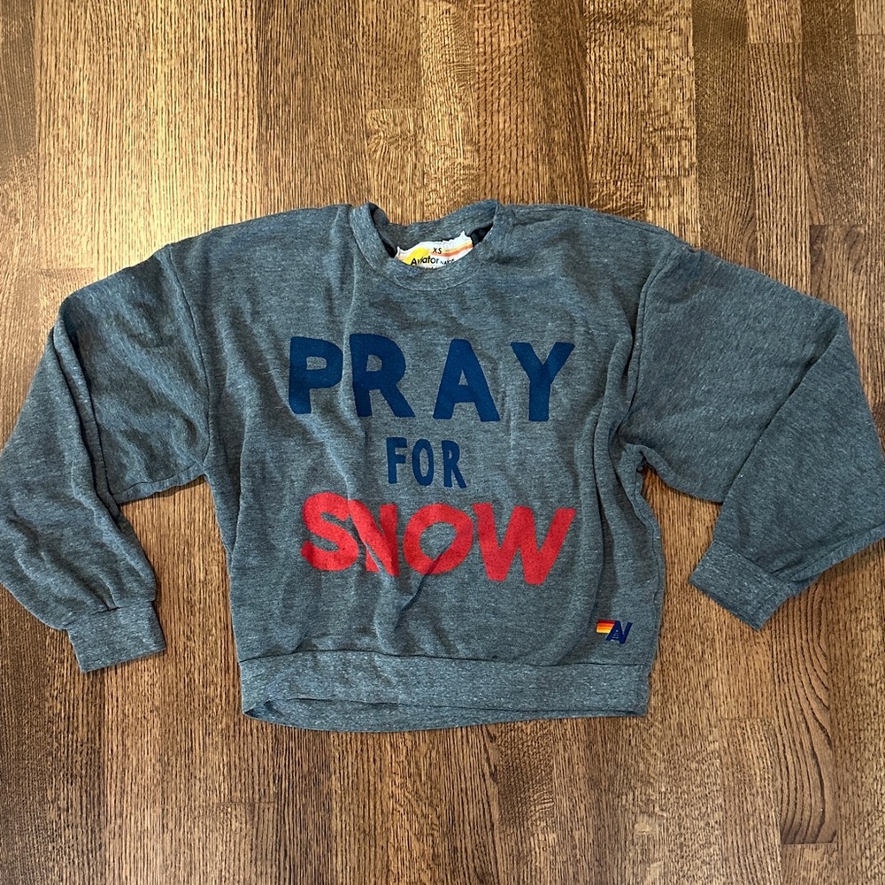 Aviator Nation Grey Crewneck with Yellow & Orange Label Pray for Snow
